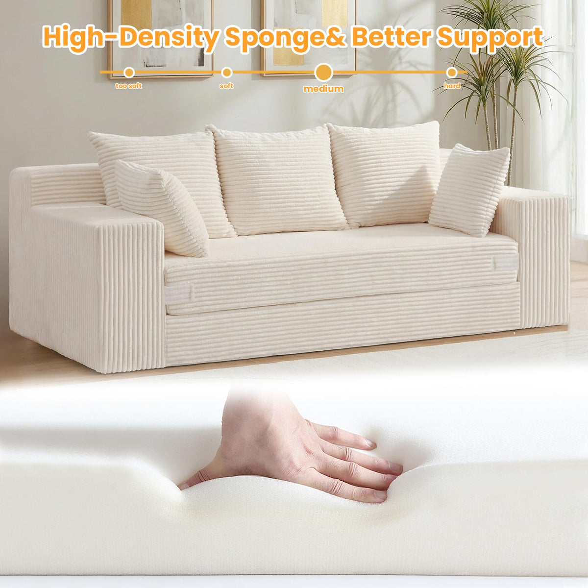 55" Small Boneless Couch, 3-in-1 Boneless Loveseat Sleeper Sofa Bed Convertible Sofa Bed with 4 Pillows, Black Corduroy Boneless Couch for Living Room, Guest Room, Small Space, No Assembly Required