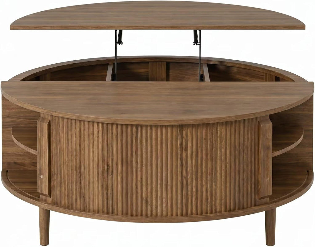 Round Lift Top Coffee Table, 39.4 Inch Minimalist Fluted Walnut Wood Cocktail Table with Hidden Divided Storage & Dual-Tier Open Side Shelves, Dark Walnut Finish Circular Living Room Center Table