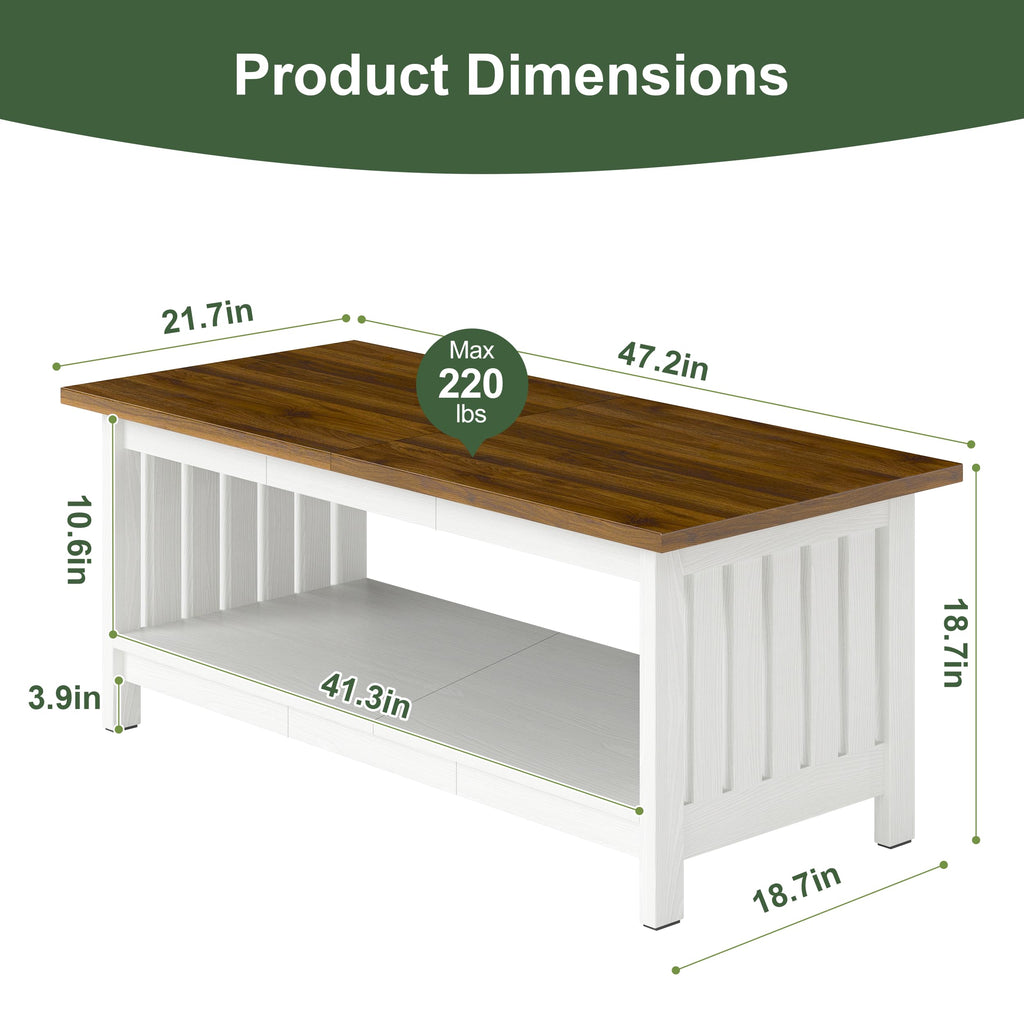 YOSHOOT 47.2" Farmhouse Coffee Table - Coffee Tables for Living Room, Small Coffee Table with Storage, Center Table for Living Room, Bedroom, Office, Black