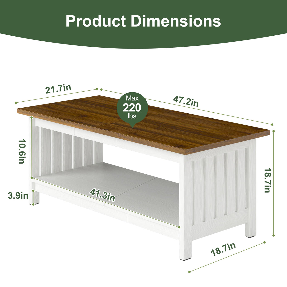 YOSHOOT 47.2" Farmhouse Coffee Table - Coffee Tables for Living Room, Small Coffee Table with Storage, Center Table for Living Room, Bedroom, Office, Black