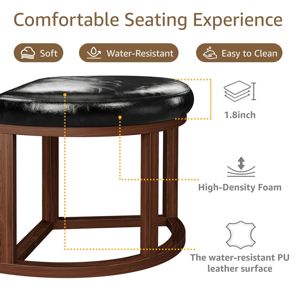 Round Coffee Table with Stools Underneath - 30 Inch Small Modern Tables Set with 3 Chairs Ottomans Seating Seats Black Wood
