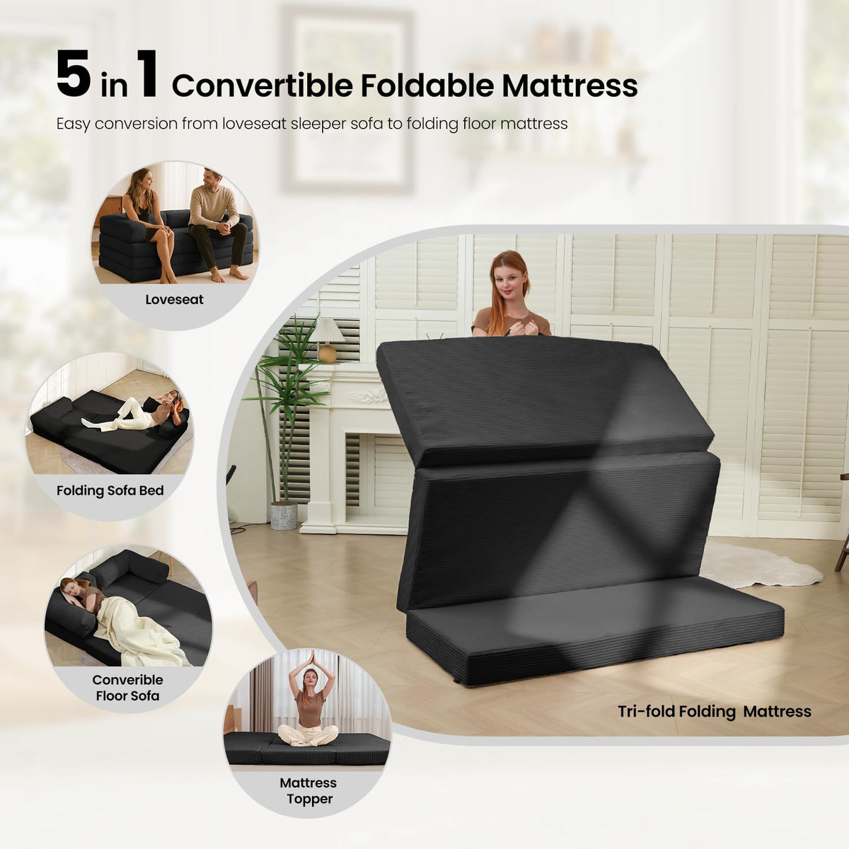 Tri-Fold Foldable Mattress, Convertible Folding Sofa Bed with Removable Arms & Washable Cover, All-in-One Portable Mattress Floor Sofa Bed, No Assembly Required & Non-Slip, Queen Size, Grey