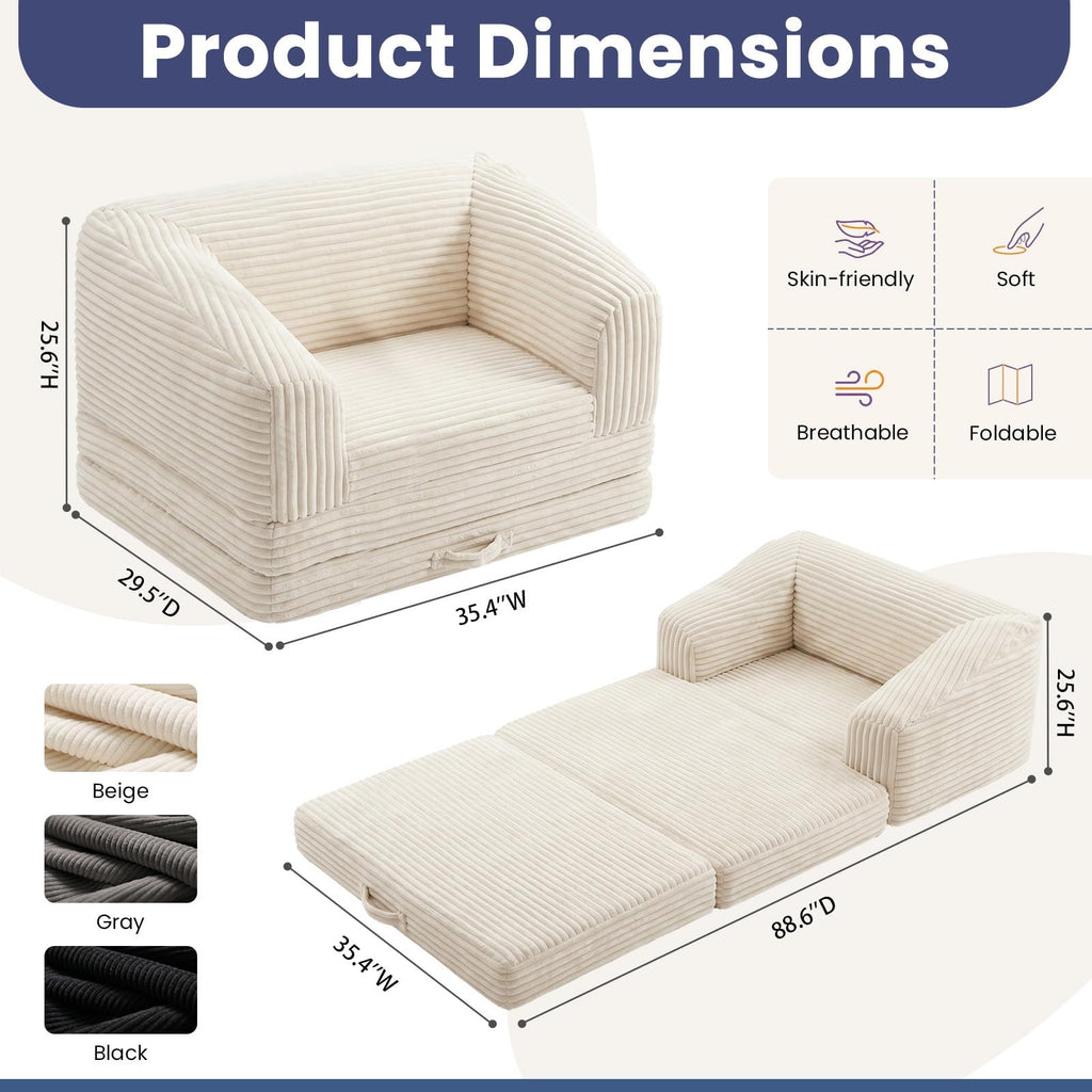 JUIKURY Convertible Sofa Bed, 3-in-1 Foldable Loveseat Couch with Armrest, Corduroy Floor Sofa & Sleeper Bed, No Assembly High-Density Foam Futon Mattress for Living Room, Small Apartment, Dorm