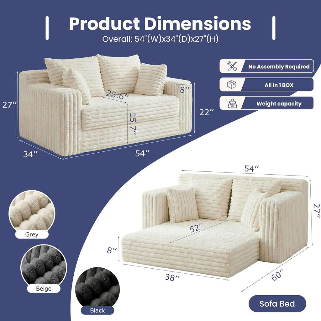 3-in-1 Convertible Sofa Bed: Boneless Loveseat Sleeper & Folding Couch Bed with 4 Pillows & Detachable Cushion,Furry Futon Couch for Bedroom,Apartment,Office and Living Room, No Assembly,Beige
