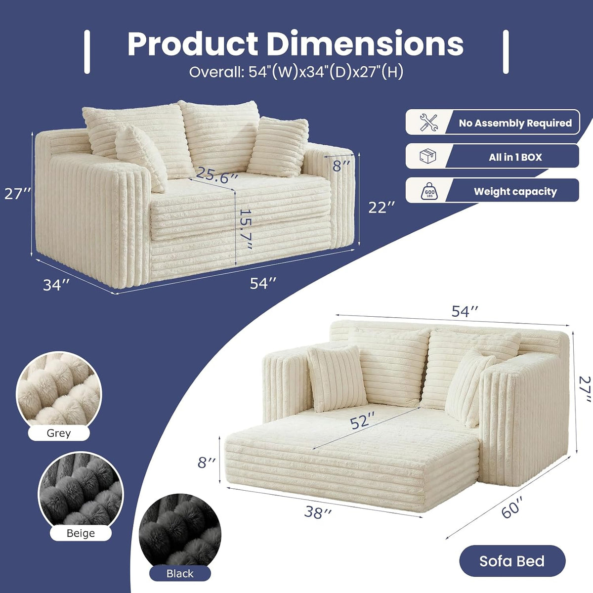 3-in-1 Convertible Sofa Bed: Boneless Loveseat Sleeper & Folding Couch Bed with 4 Pillows & Detachable Cushion,Furry Futon Couch for Bedroom,Apartment,Office and Living Room, No Assembly,Beige