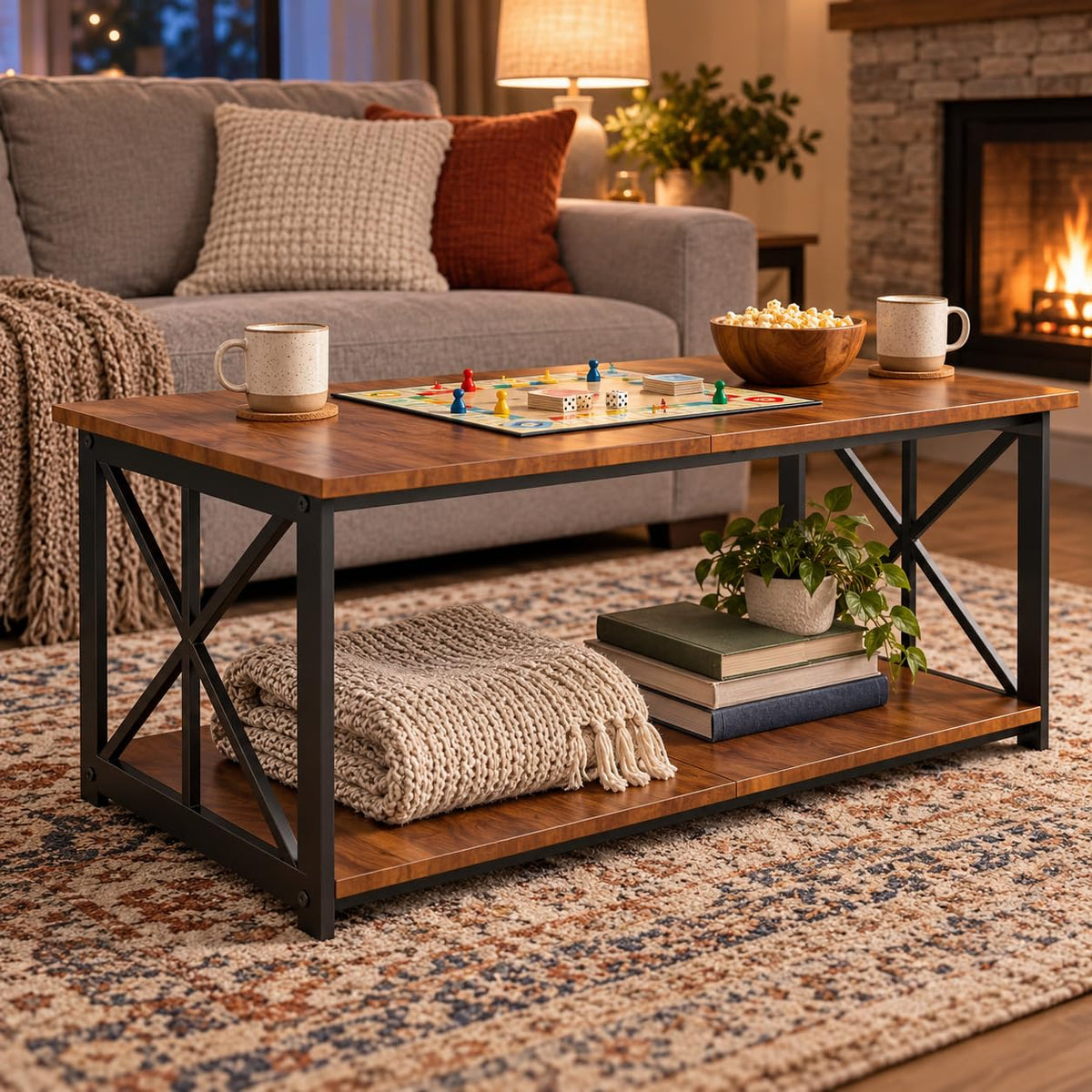 Manora Industrial Rectangular Coffee Table with Storage Shelf, Rustic Brown