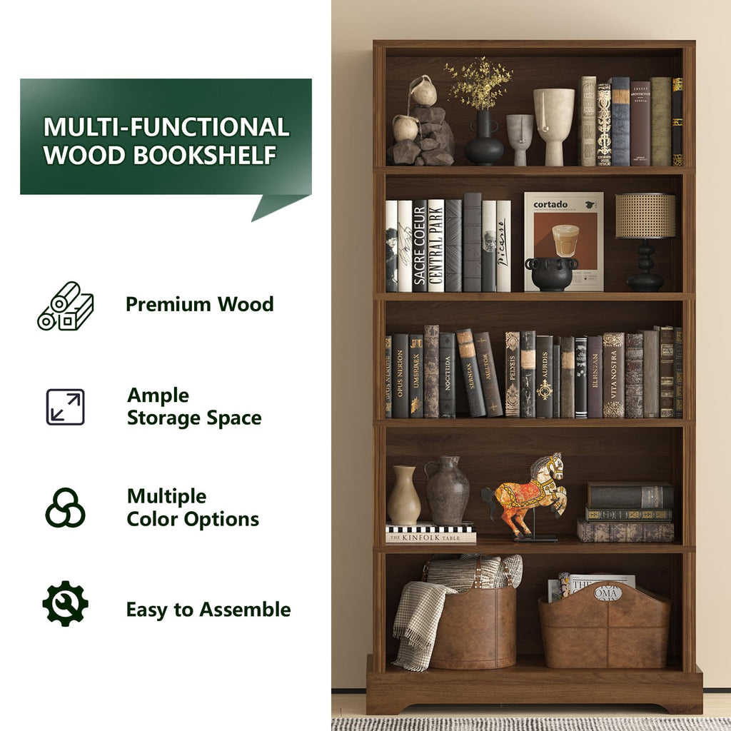 TVU 5 Tiers Wooden Bookshelf, 65.2" Tall Farmhouse Style Open Bookcase, 31.5" Wide Standing Book Shelf with Storage for Study Room, Living Room, Walnut Brown