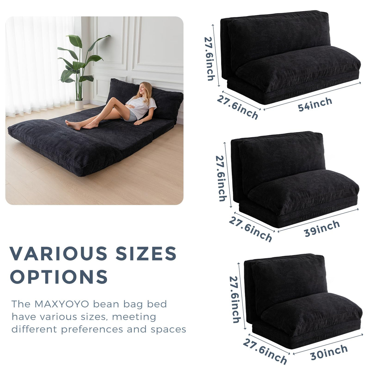 MAXYOYO Folding Sofa Bed, Extra Thick and Long Floor Sofa Convertible Chair with Washable Cover, Floor Couch Lounge Bean Bag Bed for Living Room, Dark Grey, 54x91 Inch