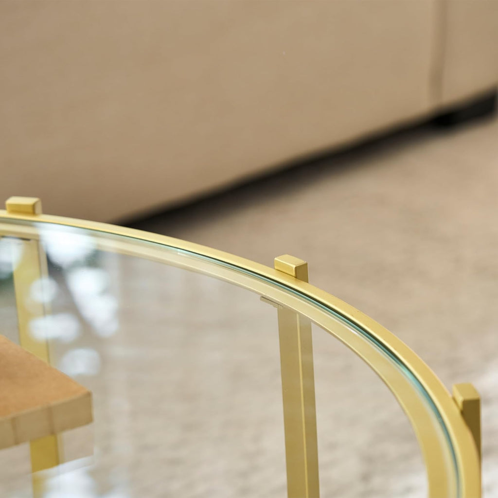 Saint Mossi Gold Round Coffee Table with Clear Glass Top and Glass Shelf