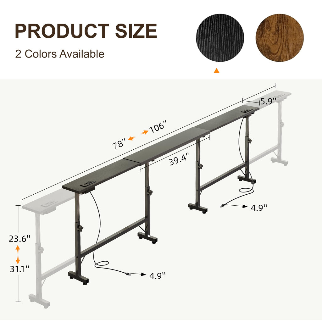 106"-157" Adjustable Length Behind Couch Sofa Table with 3 Power Outlets