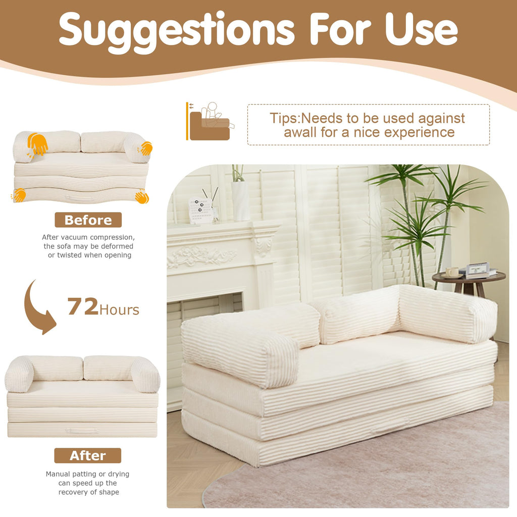 Convertible Sofa Bed Queen,5-in-1 Boneless Couch with Removable Armrests & Handle,Corduroy Futon Sleeper Sofa,Floor Folding Mattress Pull Out Bed for Small Space Apartment Living Room Bedroom,Green