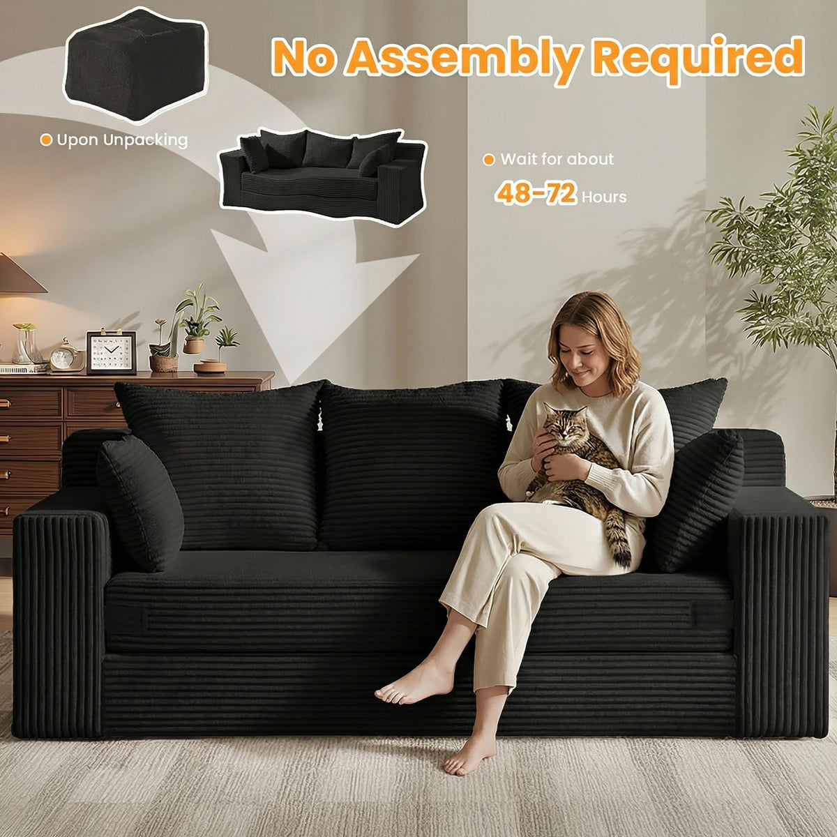 55" Small Boneless Couch, 3-in-1 Boneless Loveseat Sleeper Sofa Bed Convertible Sofa Bed with 4 Pillows, Black Corduroy Boneless Couch for Living Room, Guest Room, Small Space, No Assembly Required