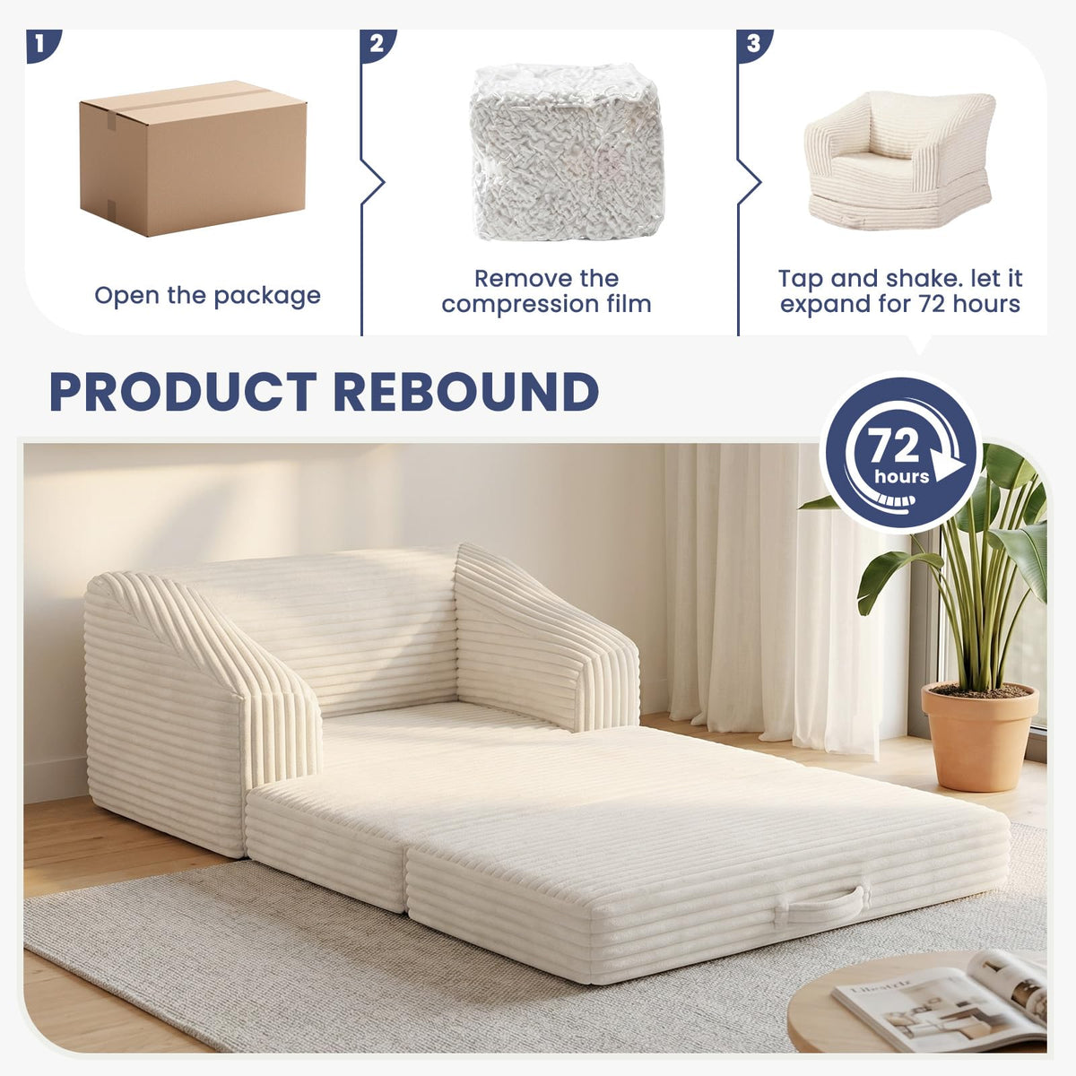 Convertible Folding Sofa Bed, 2-in-1 Single Boneless Sofa with Soft Corduroy & Ultra-Thick Backrest, Foldable Boneless Chair Lounger Sleeper Sofa for Small Apartment, Living Room, Home Office