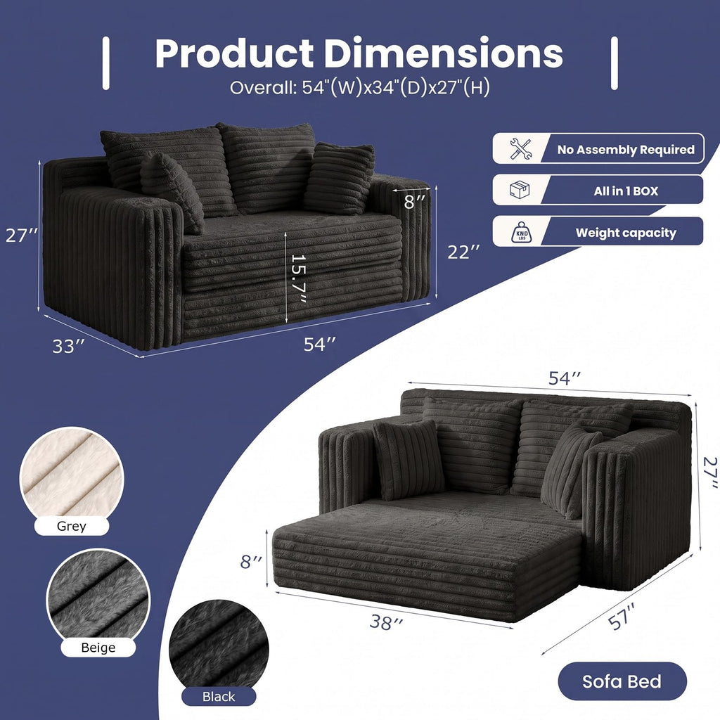 3-in-1 Convertible Sofa Bed: Boneless Loveseat Sleeper & Folding Couch Bed with 4 Pillows & Detachable Cushion, Furry Futon Couch for Bedroom, Apartment, Office and Living Room, No Assembly, Orange