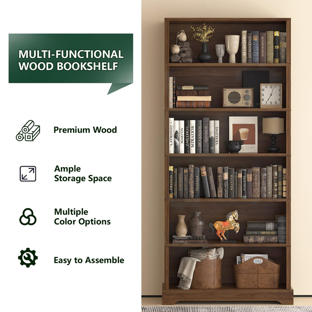 TVU 5 Tiers Wooden Bookshelf, 65.2" Tall Farmhouse Style Open Bookcase, 31.5" Wide Standing Book Shelf with Storage for Study Room, Living Room, Walnut Brown
