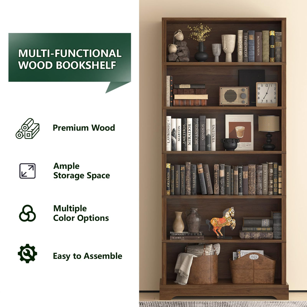 TVU 5 Tiers Wooden Bookshelf, 65.2" Tall Farmhouse Style Open Bookcase, 31.5" Wide Standing Book Shelf with Storage for Study Room, Living Room, Walnut Brown