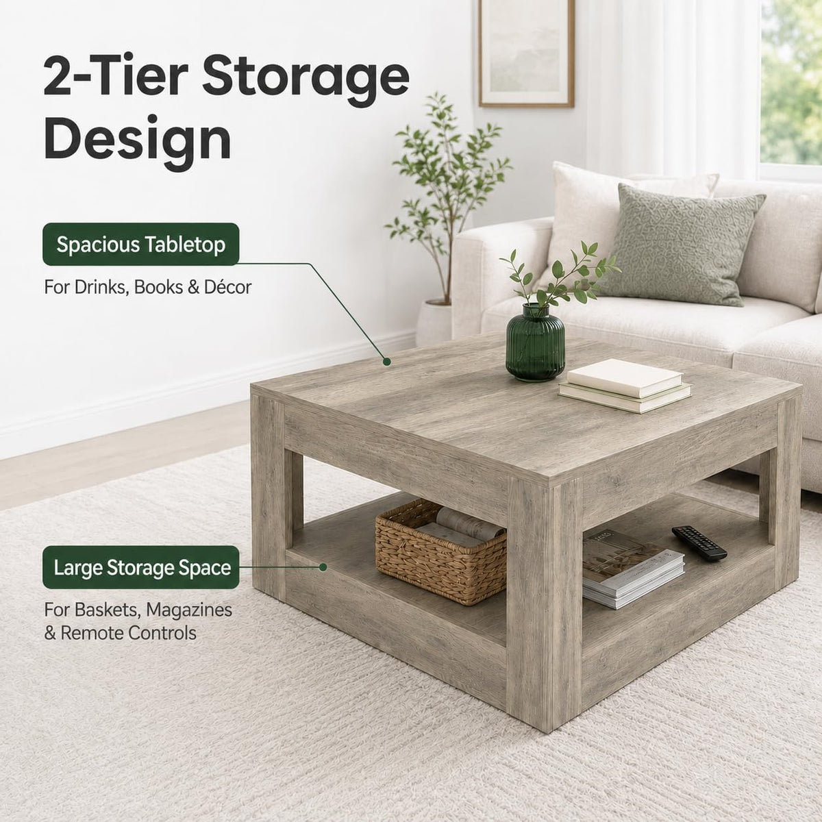 31.5" Square Wood Coffee Table with Storage for Living Room, Gray