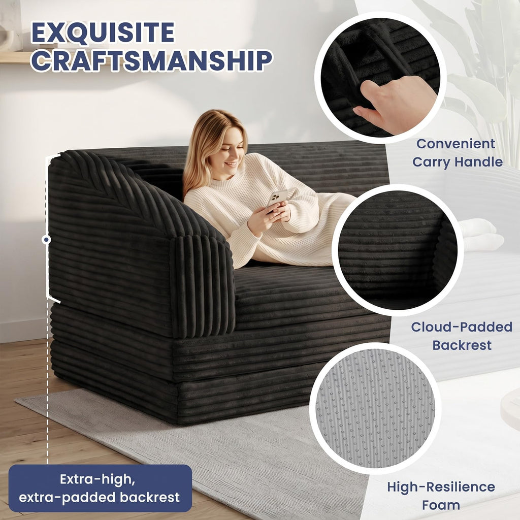 Convertible Folding Sofa Bed, 2-in-1 Single Boneless Sofa with Soft Corduroy & Ultra-Thick Backrest, Foldable Boneless Chair Lounger Sleeper Sofa for Small Apartment, Living Room, Home Office