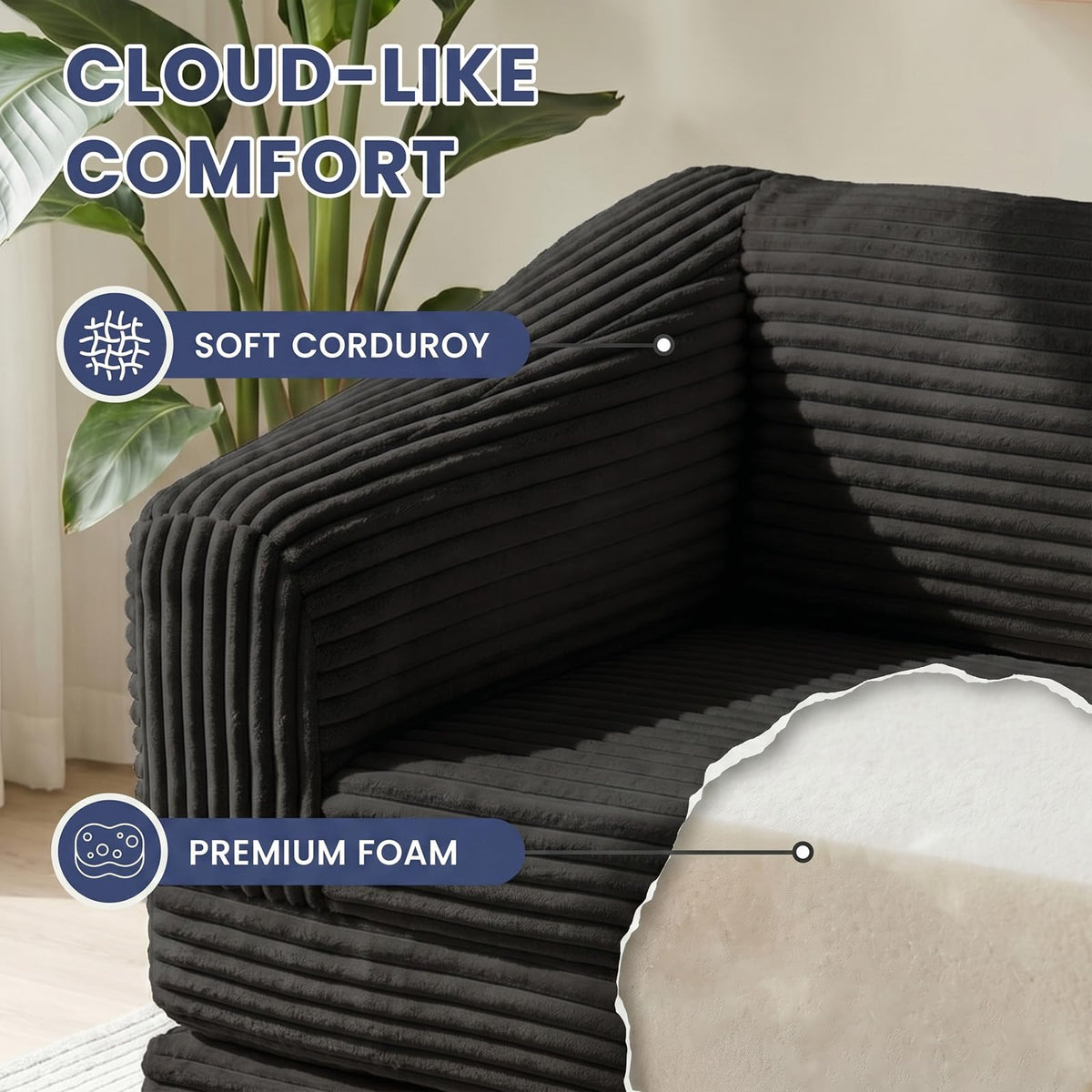 Convertible Folding Sofa Bed, 2-in-1 Single Boneless Sofa with Soft Corduroy & Ultra-Thick Backrest, Foldable Boneless Chair Lounger Sleeper Sofa for Small Apartment, Living Room, Home Office