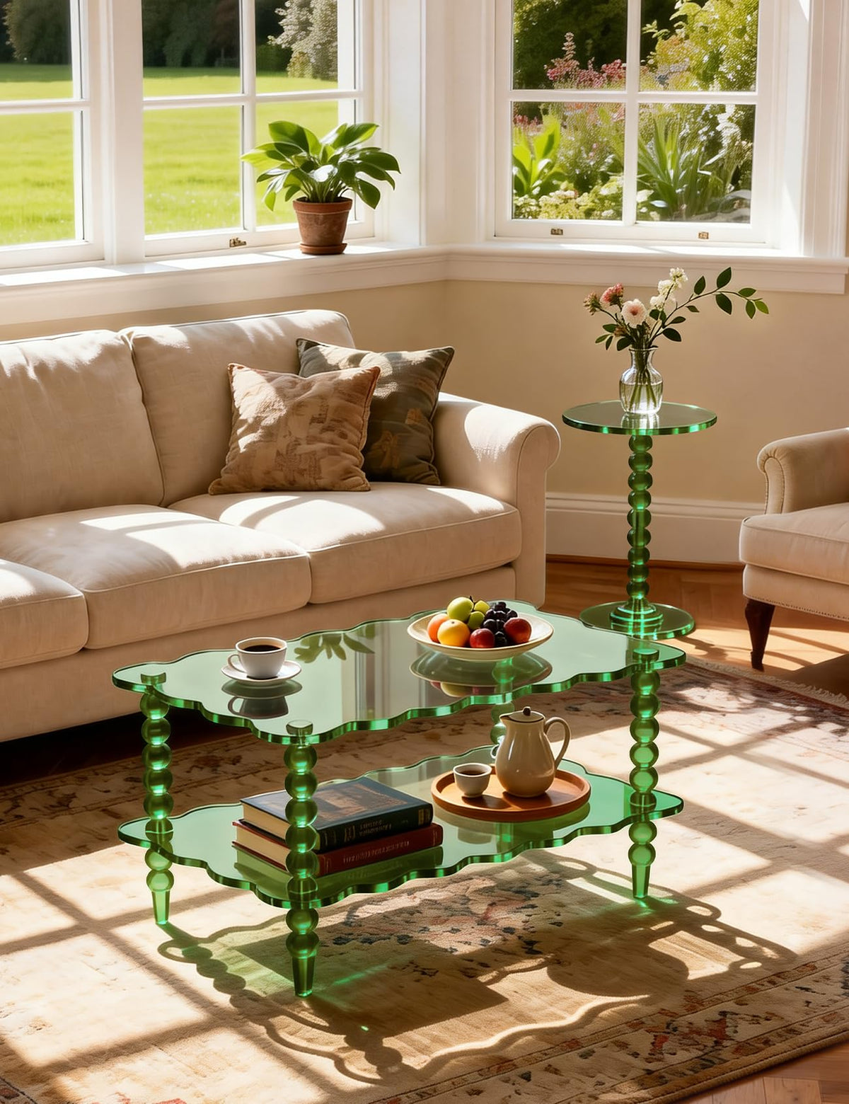 Acrylic Coffee Table, 2-Tier Living Room Table with Storage, Center Table Mid-Modern Century for Living Room, Easy to Assemble (Green, 37.8âÃ23.6âÃ15.7â)