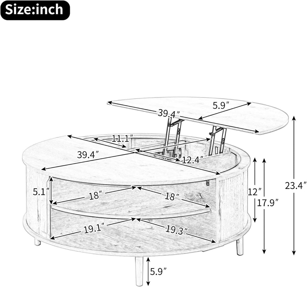 Round Lift Top Coffee Table, 39.4 Inch Minimalist Fluted Walnut Wood Cocktail Table with Hidden Divided Storage & Dual-Tier Open Side Shelves, Dark Walnut Finish Circular Living Room Center Table
