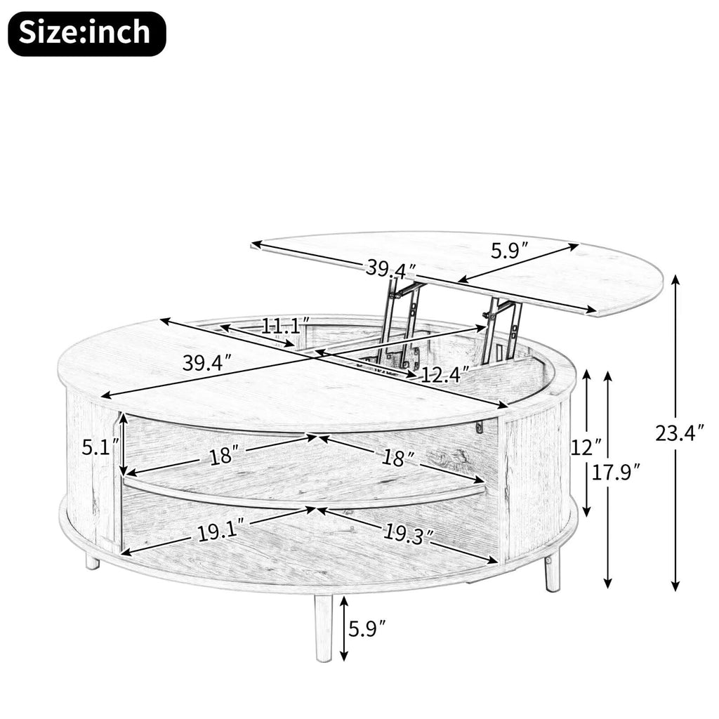 Round Lift Top Coffee Table, 39.4 Inch Minimalist Fluted Walnut Wood Cocktail Table with Hidden Divided Storage & Dual-Tier Open Side Shelves, Dark Walnut Finish Circular Living Room Center Table