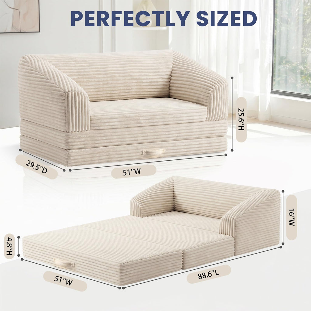 Convertible Folding Sofa Bed, 2-in-1 Single Boneless Sofa with Soft Corduroy & Ultra-Thick Backrest, Foldable Boneless Chair Lounger Sleeper Sofa for Small Apartment, Living Room, Home Office