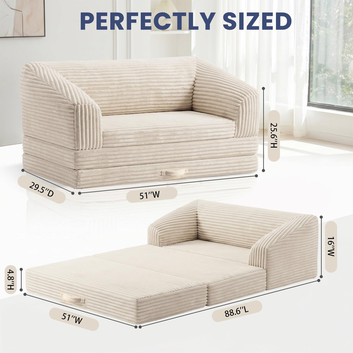 Convertible Folding Sofa Bed, 2-in-1 Single Boneless Sofa with Soft Corduroy & Ultra-Thick Backrest, Foldable Boneless Chair Lounger Sleeper Sofa for Small Apartment, Living Room, Home Office