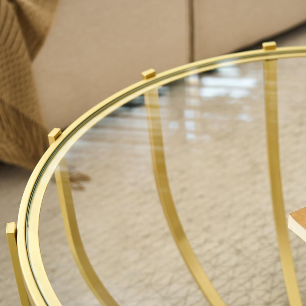 Saint Mossi Gold Round Coffee Table with Clear Glass Top and Glass Shelf