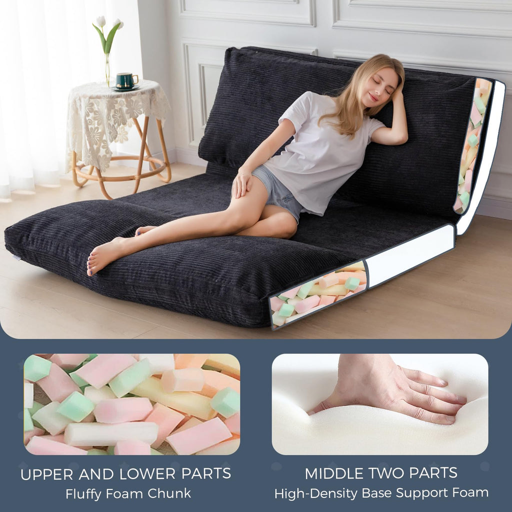 MAXYOYO Folding Sofa Bed, Extra Thick and Long Floor Sofa Convertible Chair with Washable Cover, Floor Couch Lounge Bean Bag Bed for Living Room, Dark Grey, 54x91 Inch
