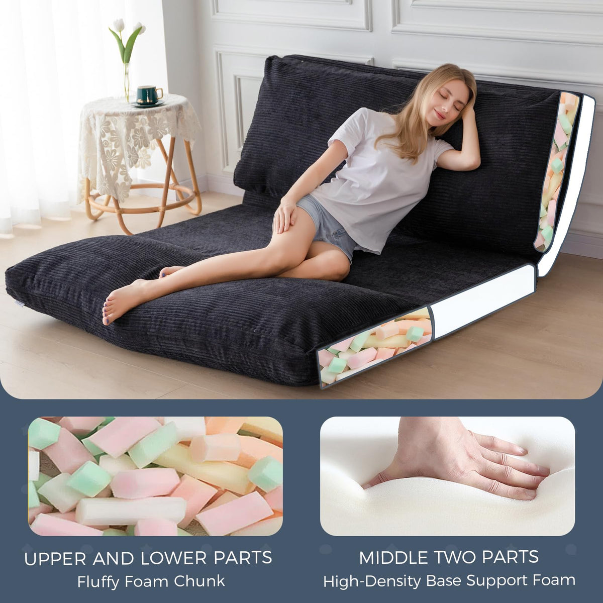 MAXYOYO Folding Sofa Bed, Extra Thick and Long Floor Sofa Convertible Chair with Washable Cover, Floor Couch Lounge Bean Bag Bed for Living Room, Dark Grey, 54x91 Inch