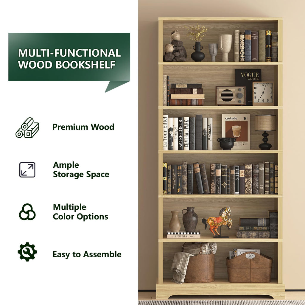 TVU 5 Tiers Wooden Bookshelf, 65.2" Tall Farmhouse Style Open Bookcase, 31.5" Wide Standing Book Shelf with Storage for Study Room, Living Room, Walnut Brown