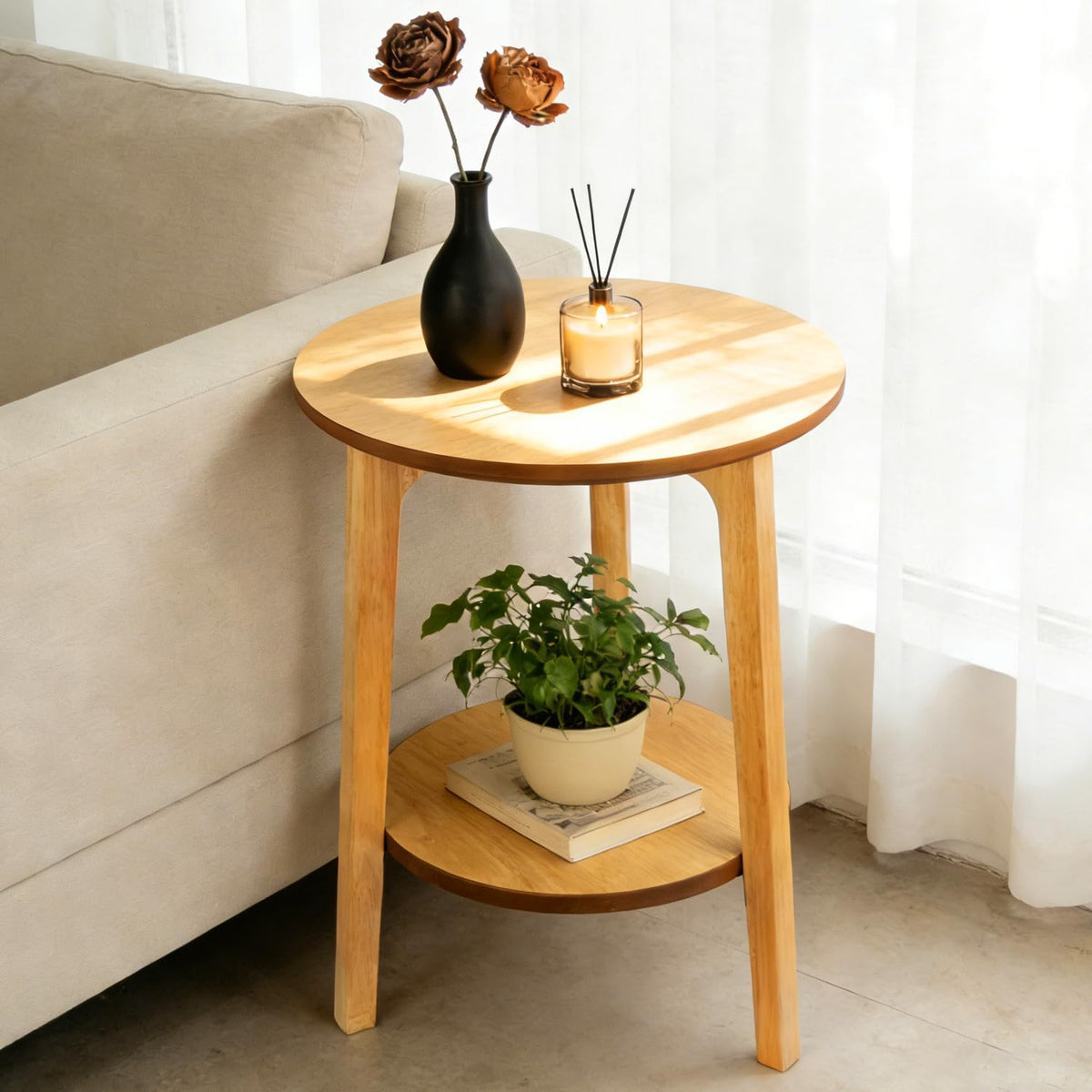 2-Tier Round Coffee Table, 28ââ Wood Nesting Side Table with Storage Shelf, Natural Walnut Wood Tables for Living Room, Space Saving Accent Table