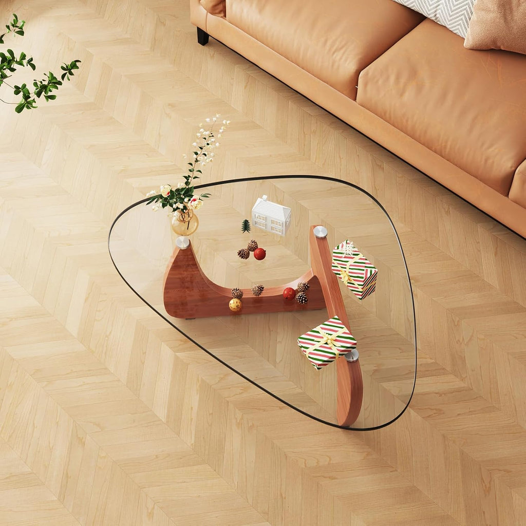 Coffee Tables Glass Small Farmhouse Coffee Table Mid-Century Modern Wood Center Table for Living Room, Walnut Transparent, 32 Inch