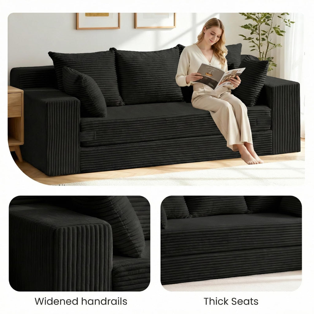 55" Small Boneless Couch, 3-in-1 Boneless Loveseat Sleeper Sofa Bed Convertible Sofa Bed with 4 Pillows, Black Corduroy Boneless Couch for Living Room, Guest Room, Small Space, No Assembly Required