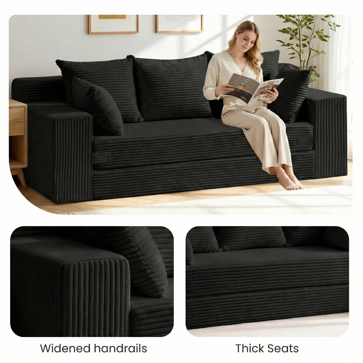 55" Small Boneless Couch, 3-in-1 Boneless Loveseat Sleeper Sofa Bed Convertible Sofa Bed with 4 Pillows, Black Corduroy Boneless Couch for Living Room, Guest Room, Small Space, No Assembly Required