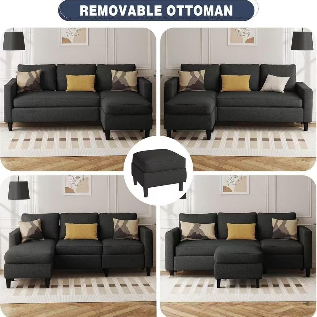 Living Room Office Three Seater L Shaped Sofa with Movable Footstool Fabric Soft Cushion Light Luxury