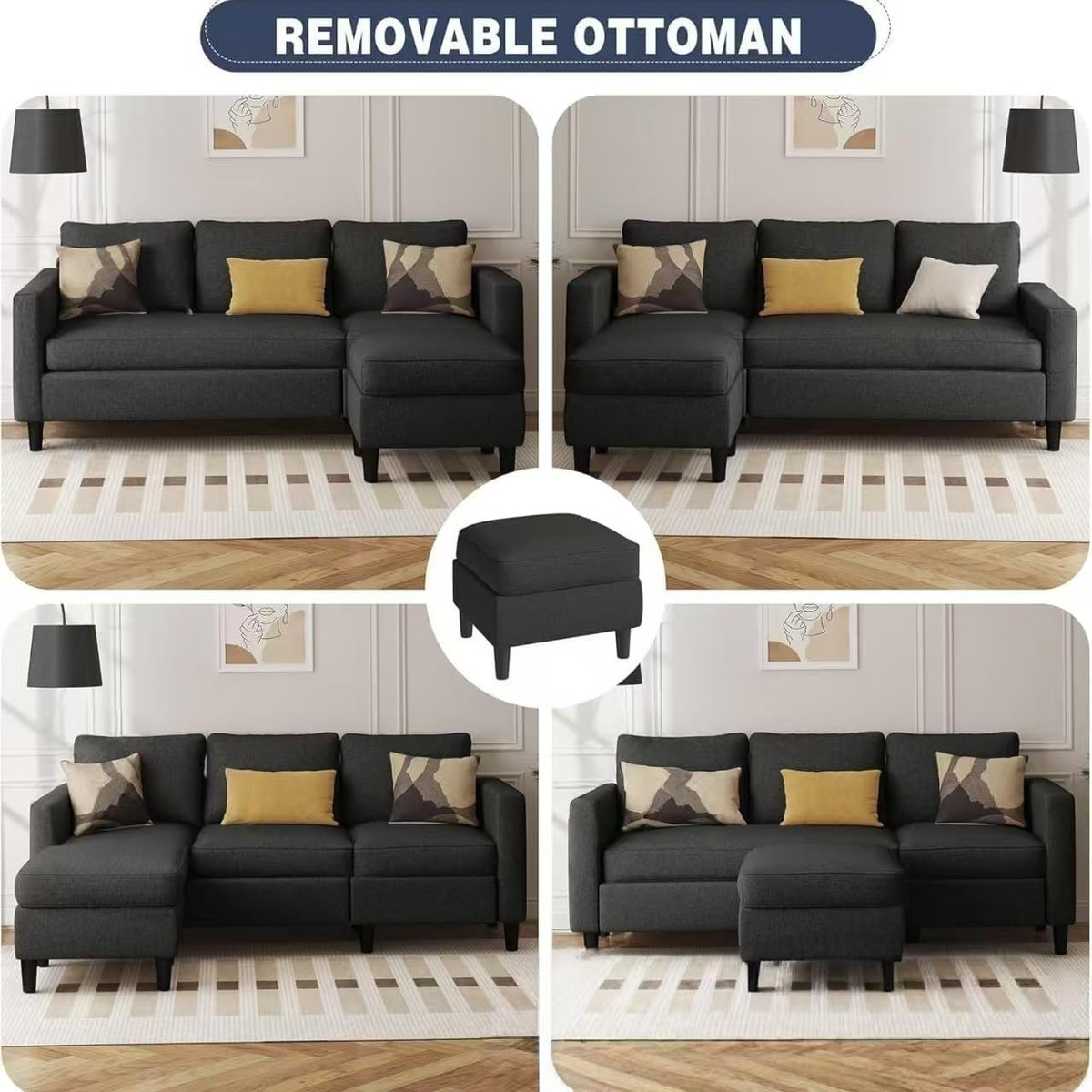 Living Room Office Three Seater L Shaped Sofa with Movable Footstool Fabric Soft Cushion Light Luxury