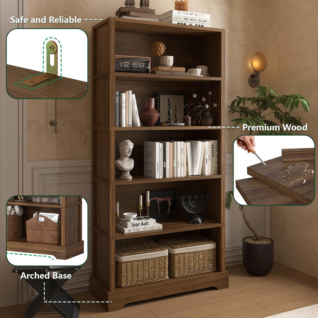 TVU 5 Tiers Wooden Bookshelf, 65.2" Tall Farmhouse Style Open Bookcase, 31.5" Wide Standing Book Shelf with Storage for Study Room, Living Room, Walnut Brown