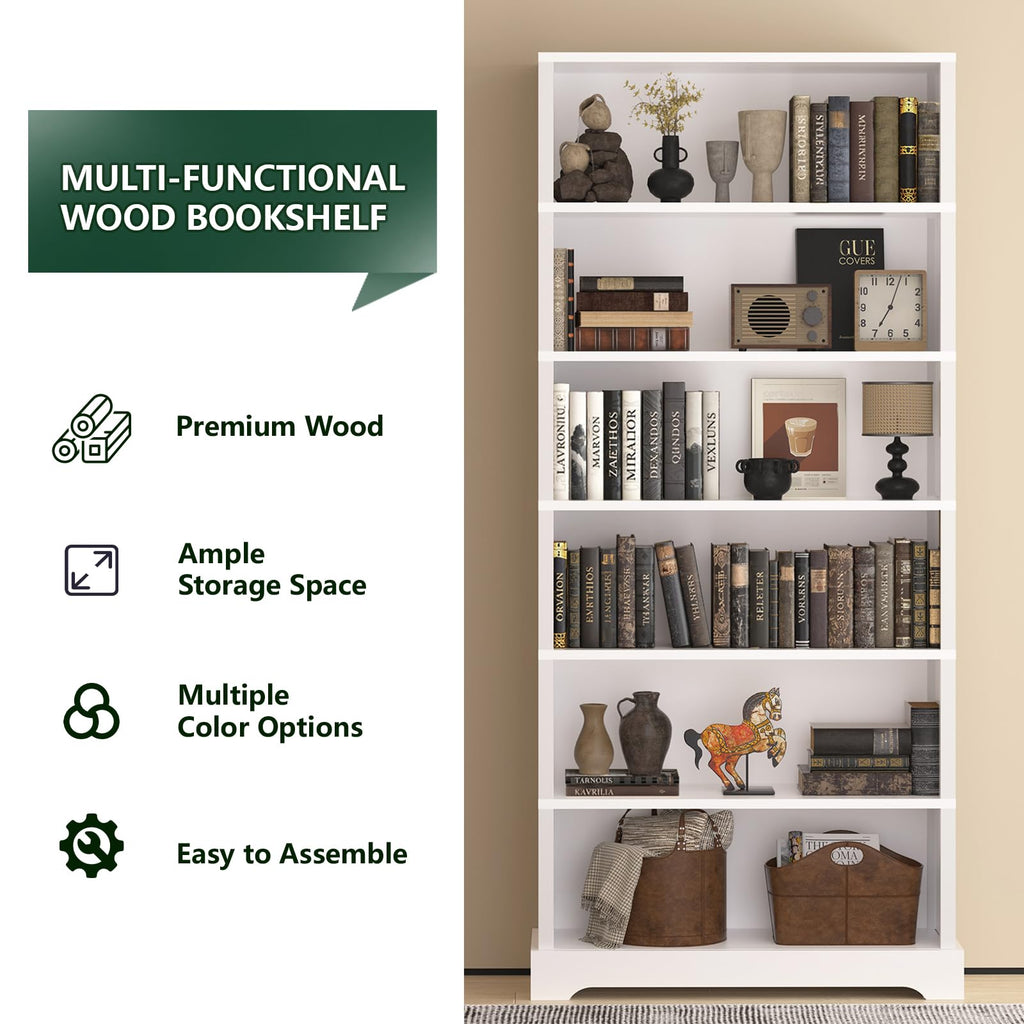 TVU 5 Tiers Wooden Bookshelf, 65.2" Tall Farmhouse Style Open Bookcase, 31.5" Wide Standing Book Shelf with Storage for Study Room, Living Room, Walnut Brown