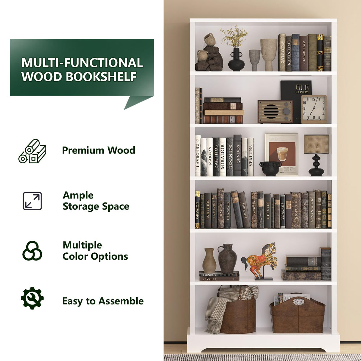 TVU 5 Tiers Wooden Bookshelf, 65.2" Tall Farmhouse Style Open Bookcase, 31.5" Wide Standing Book Shelf with Storage for Study Room, Living Room, Walnut Brown