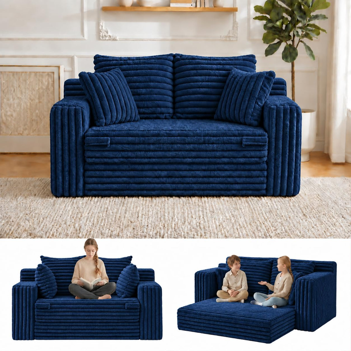 3-in-1 Convertible Sofa Bed: Boneless Loveseat Sleeper & Folding Couch Bed with 4 Pillows & Detachable Cushion, Furry Futon Couch for Bedroom, Apartment, Office and Living Room, No Assembly, Orange