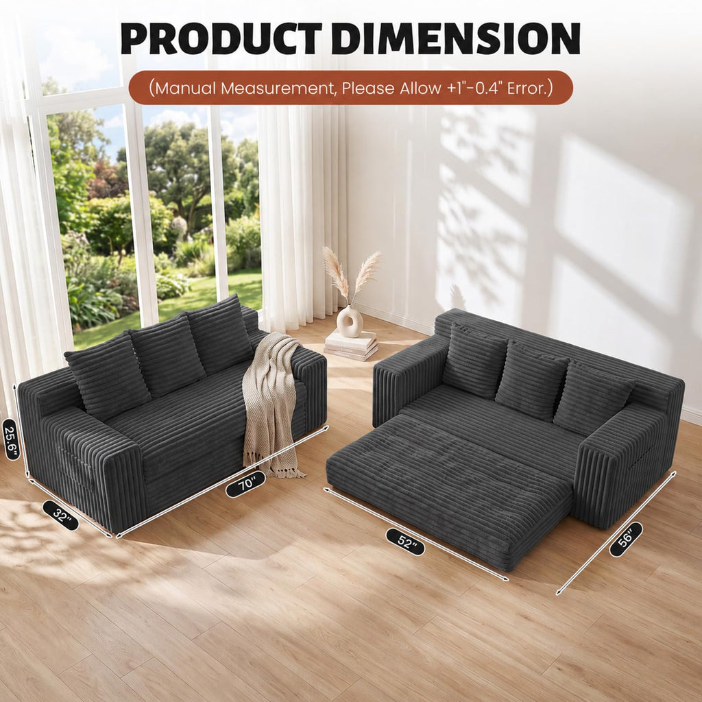 Small Boneless Couch, Boneless Loveseat Convertible Sofa Bed Sleeper Sofa Couch Bed with 2 Pillows, Corduroy Folding Floor Futon Foldable Boneless Couch for Living Room, Guest Room, Small Space, Black