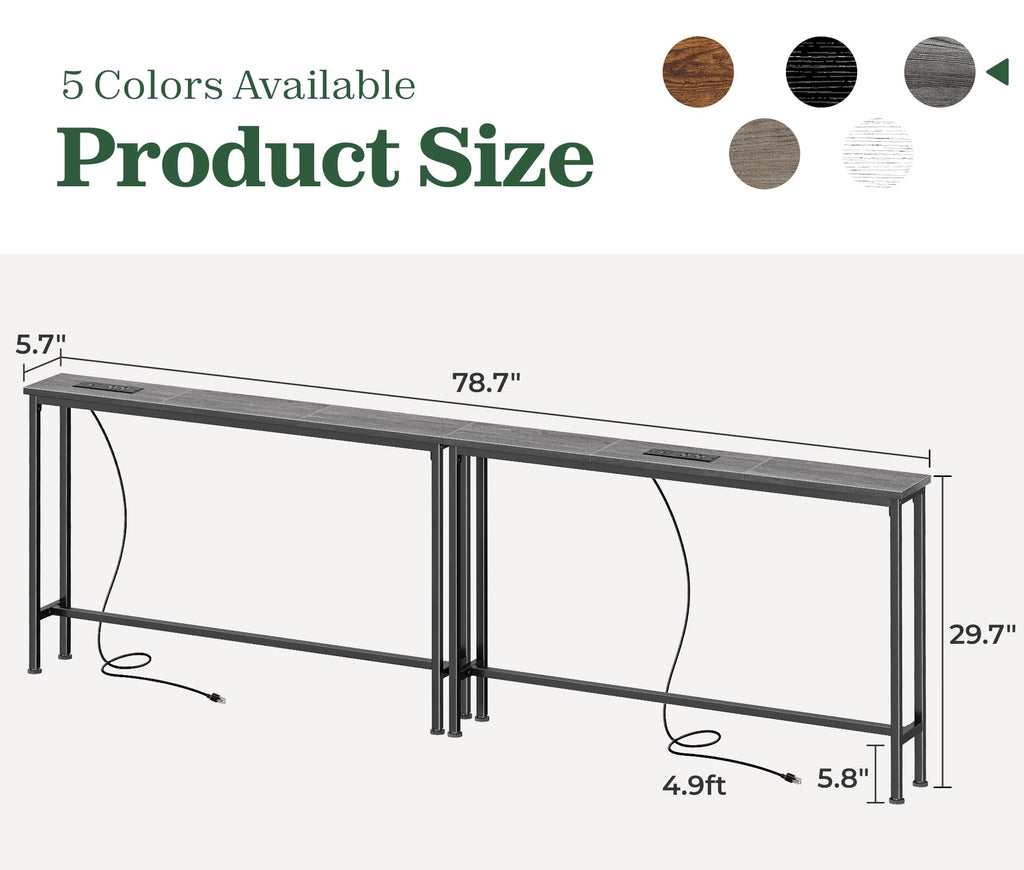 SUPERJARE 110.2 inch Narrow Behind Couch Table with Charging Stations