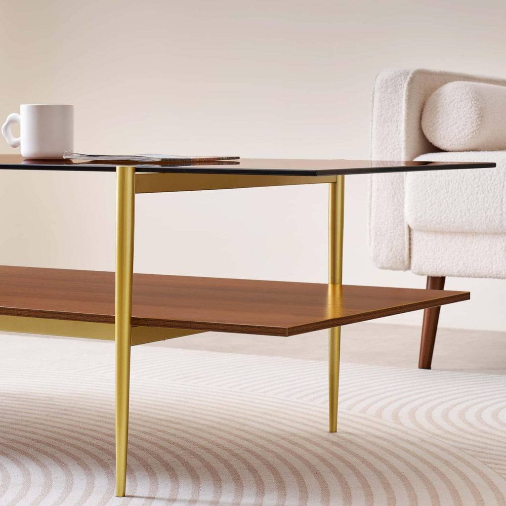 LumFurn Round Coffee Table for Living Room, Mid-Century Modern Design, D30 x H17, 2-Tier Structure, Grey Glass Top and Black Marble Finish Wood Shelf, Sleek Conical Metal Legs with Gold Finish Frame