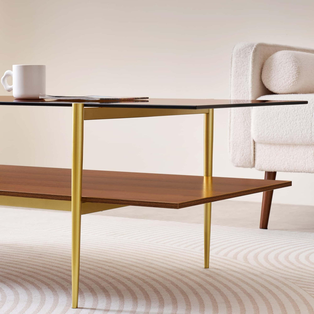LumFurn Round Coffee Table for Living Room, Mid-Century Modern Design, D30 x H17, 2-Tier Structure, Grey Glass Top and Black Marble Finish Wood Shelf, Sleek Conical Metal Legs with Gold Finish Frame