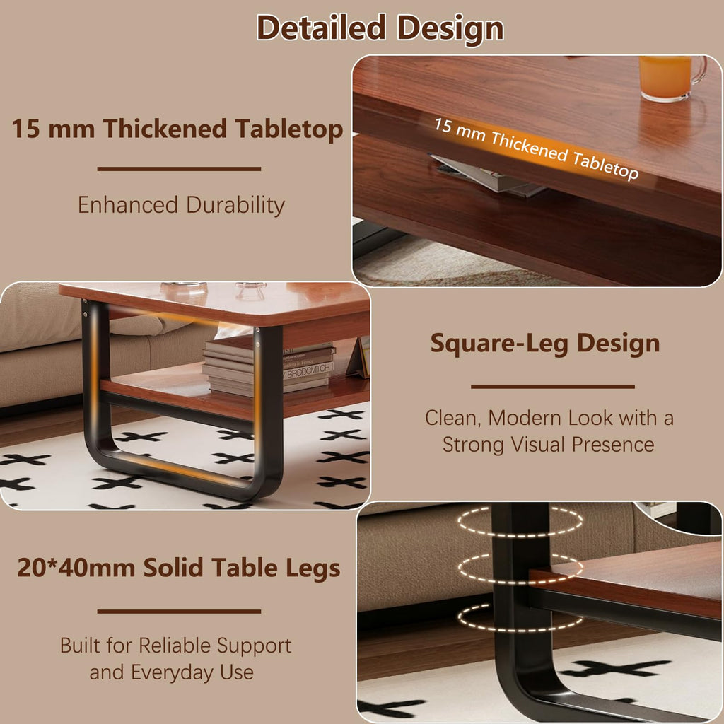Coffee Table for Living Room with 2-Tier Storage Shelf, 39 inch Rectangular Wooden Center Table, Large Industrial Coffee Tables with Metal Leg & Rounded Corners for Home Office(Black)
