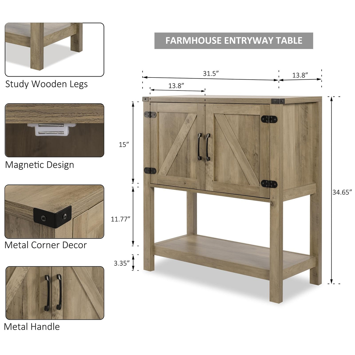 Mufico Console Table Coffee Bar Sofa Cabinet, 31.5Lx13.8Dx34.65H(White)