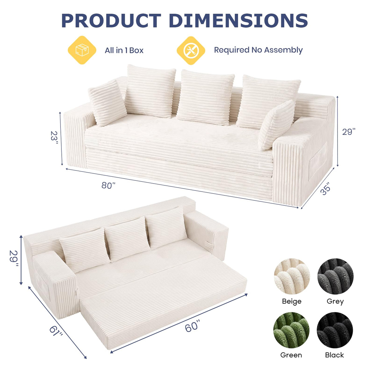 cidludto Convertible Sofa Bed, 3 in 1 Loveseat Folding Couch Bed Foldable - Chaise Lounge Chair & Floor Futon Sofa, Corduroy Pull Out Sofa Bed with 4 Pillows for Living Room, Beige