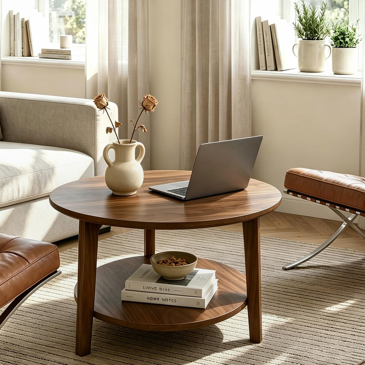 2-Tier Round Coffee Table, 28ââ Wood Nesting Side Table with Storage Shelf, Natural Walnut Wood Tables for Living Room, Space Saving Accent Table